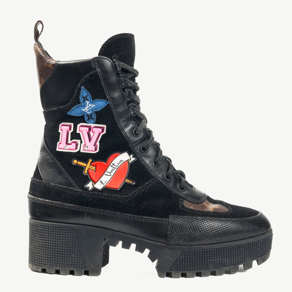 Louis Vuitton Laureate Black Suede & Monogram Canvas Patch-Applique Boots